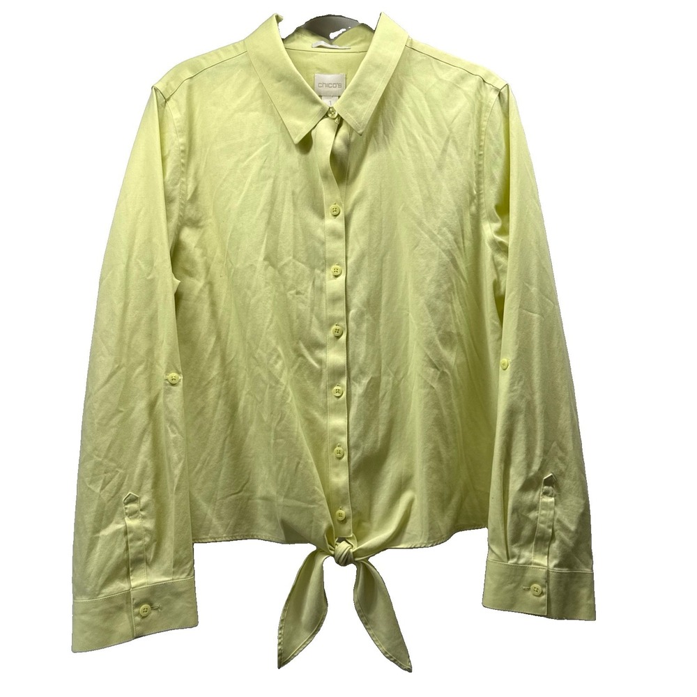 Chicos Women's Top Size Medium Solid Yellow Long 3/4 Sleeves Button Up Waist Tie
